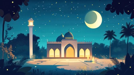 Naklejka premium A peaceful illuminated mosque scene at night with a crescent moon