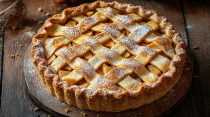 Fresh apple pie on a wooden surface. Lattice crust pastry sprinkled with white powder. Rustic table top setting with warm light and golden pie filling.