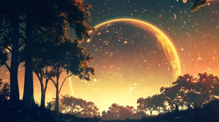 Enchanted Forest Under Cosmic Sky with Celestial Bodies and Starry Background at Dusk