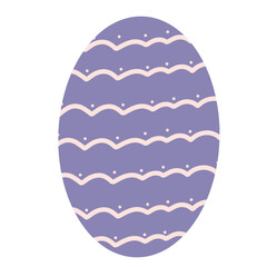 A decorative Easter egg in purpel, featuring symmetrical wavy patterns and tiny dots in beige. The calm color palette adds a touch of rustic charm. 