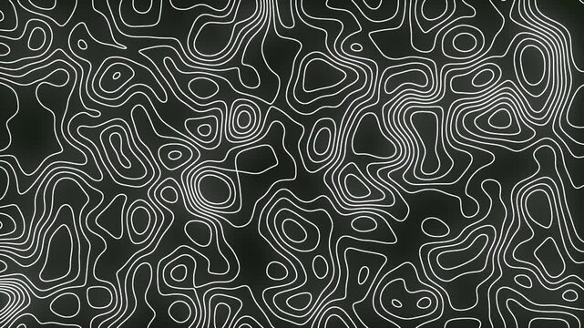 Stylized topographic map outline height in lines and contours. The concept of a conditional geographical scheme and the trajectory of the terrain. Ultra wide size. 3D rendering. 4k animation.