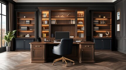 Dark Wood Study with Computer, Interior Design, Elegant Workspace