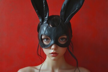Woman in a bunny mask against a vibrant red background