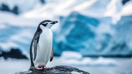 Fototapeta premium Charming Penguin Standing on Rock in Icy Landscape of Antarctica