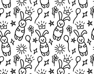 Seamless pattern with children's drawings. Black and white doodles with a bunny, a balloon and a sun drawn by hand. Vector picture with Happy Birthday, Happy Holiday. Cute background for printing 