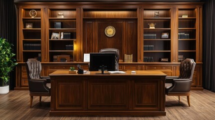 Elegant wooden office furniture in a classic library setting. Ideal for showcasing luxury, corporate, or home office concepts