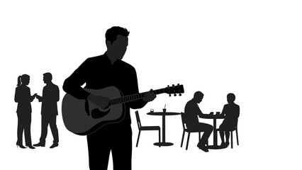 Illustration of a Silhouette of a Man Playing Guitar in Front of Cafe Visitors Who Are Relaxing and Chatting