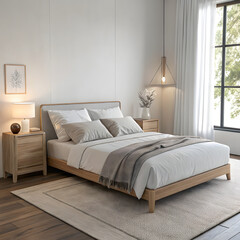 Minimalist Bedroom with Linen Bedding, Natural Wood Furniture, and Soft Neutral Tones