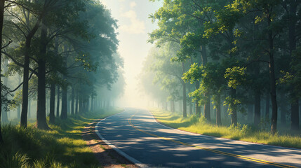 Obraz premium Scenic winding road through a lush forest with soft morning light and fog
