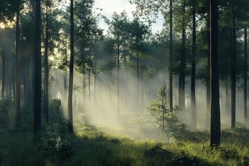 Fototapeta premium Misty morning light filters through a serene forest, illuminating a tranquil natural landscape