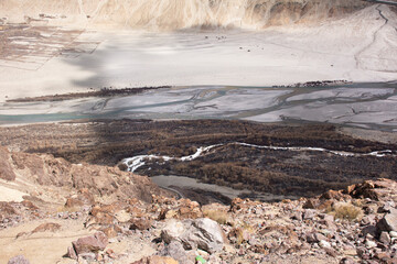 View landscape at viewpoint mountains range with nubra river when evaporated dry between Diskit...