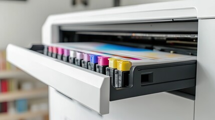 Open printer drawer displaying colorful ink cartridges and paper