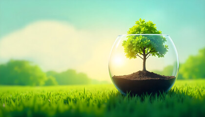 "A stunning nature-themed digital illustration featuring a vibrant green tree growing inside a transparent glass sphere, filled with rich soil.