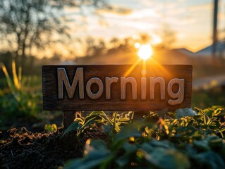Bright Sunrise Over Greenery with Wooden Morning Signage in Vibrant Light