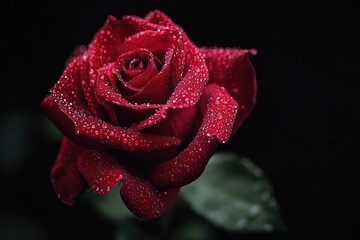 Close-up of a vibrant red rose, covered in dew drops, against a dark background.  A captivating image of floral beauty
