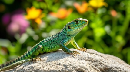 Obraz premium A vibrant green lizard perched on a sun-drenched rock, its scales glistening in the warm sunlight