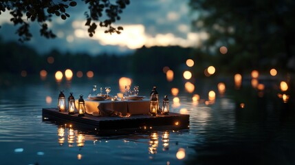 Fototapeta premium Romantic Lake Dinner: A Serene Evening under the Stars