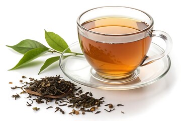 Glass cup of hot aromatic tea on white background.