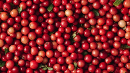 A colorful arrangement of fresh red cranberries accented with green leaves. Perfect for food styling, organic themes, and seasonal visuals.. AI Generation