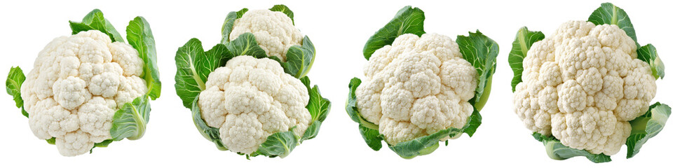 A close up view of several whole freshly harvested cauliflower heads with green leaves showcasing the natural beauty and nutritional benefits of this versatile cruciferous vegetable