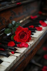 Romantic atmosphere with red rose and petals lying on old dusty piano keyboard