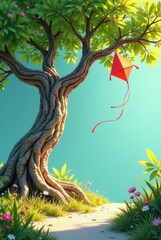 A whimsical illustration of a red kite gently resting on a vibrant, uniquely textured tree, nestled amongst blooming wildflowers and lush green grass, bathed in soft sunlight.