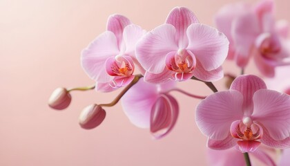 Beautiful pink orchid flowers. Blooming branch of orchid on a pastel pink background with copy space