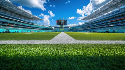 Wide shot of a football stadium field, scoreboard, and bright sky.