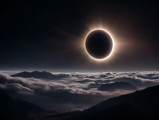 Total solar eclipse creating diamond ring effect over cloudy mountains