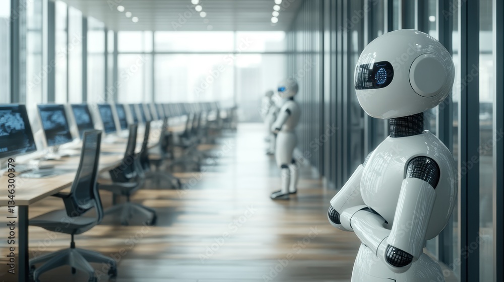 Poster futuristic office with ai systems simulating business operations and workflow