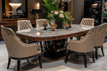 Obraz premium Luxurious Dining Room Setting with Elegant Table and Chairs