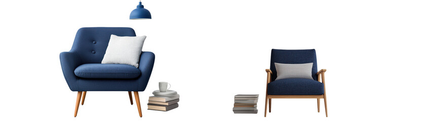 Fototapeta premium Inviting and sophisticated living room featuring a plush blue sofa and matching armchair accented by natural wood tones and minimalist decor elements