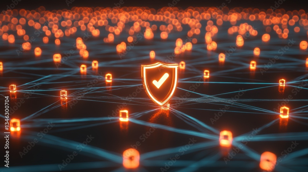 Poster glowing shield symbol with lock icon in complex web network background