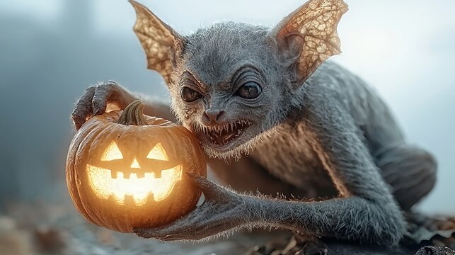 Glowing Jack O Lantern Held by a Gray Frosted Creature in a Misty Forest