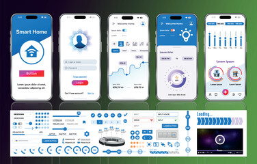 A set of UI UX elements for smart home management mobile apps: an interface with buttons, panels, graphs, and navigation for monitoring and controlling automation systems.