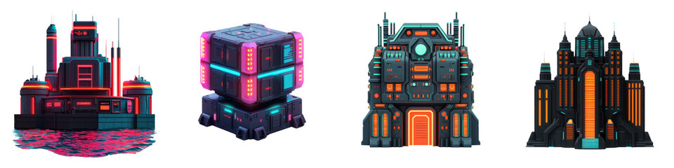 Fototapeta premium Impressive digitally rendered futuristic cityscapes featuring geometric neon lit skyscrapers and abstract sci fi inspired architectural designs