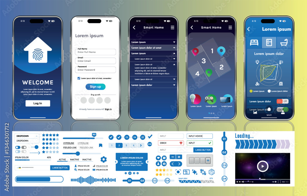 Poster a set of ui ux elements for smart home management mobile apps: an interface with buttons, panels, gr