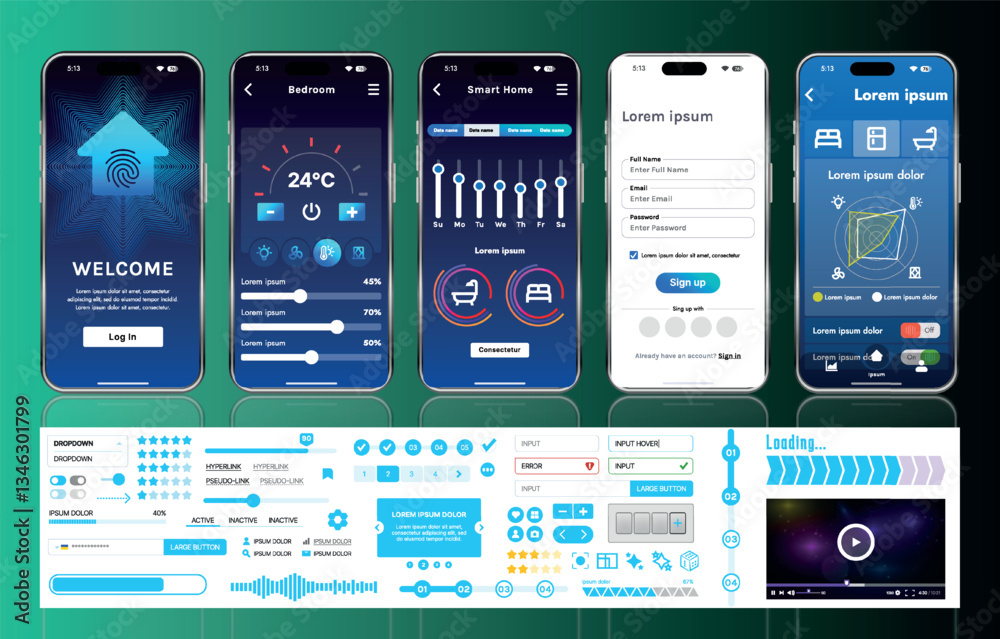 Poster a set of ui ux elements for smart home management mobile apps: an interface with buttons, panels, gr