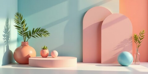 Fototapeta premium Pastel-hued room scene with vibrant plants, minimalist decor, and geometric shapes forming a stylish display