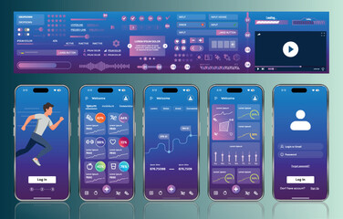 A sleek fitness app interface template featuring responsive design elements, including dashboards, charts, and statistics. Perfect for tracking health, weekly progress, and sports activities