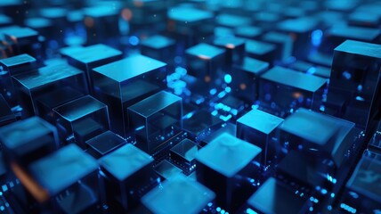 Obraz premium Abstract modern style geometric shapes on surface of digital cyber design express scene of cyberspace style. High tech cube of data scenery in pattern perfect for wallpaper and background. AIG53.