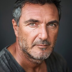 Obraz premium Middle-aged man with strong features and a direct gaze, looking straight into the camera, photo for a profile picture.