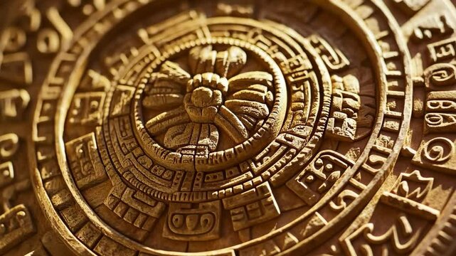 Pyramid decoration featuring intricate carvings of ancient calendar symbols in warm tones on a stone background