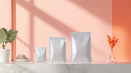 Three silver packaging bags of varying sizes are arranged on a marble countertop beside a plant and a vase with decorative flowers, set against a pink wall