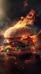 Close-up of a gourmet burger topped with melting cheese, fresh vegetables, and sesame seed bun engulfed in flames. A sizzling concept for food advertising or creative projects.. AI Generation