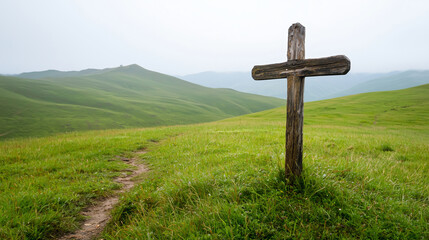 Weathered wooden cross on grassy hill under overcast sky