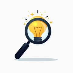 Glowing Starlight and Cartoony Magnifying Glass on White Background. A magnifying glass with a glowing light bulb inside.