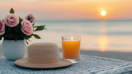 Affectionate couple standing on the beach the woman lovingly adjusting her partner s sun hat as they bask in the warm glow of a serene sunset over the ocean