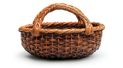 Wicker basket with one handle on a white background.