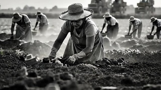 Black and White Image of Farmers Working in the Field with Shovels Amid Dust and Harvesting Equipment in the Background


